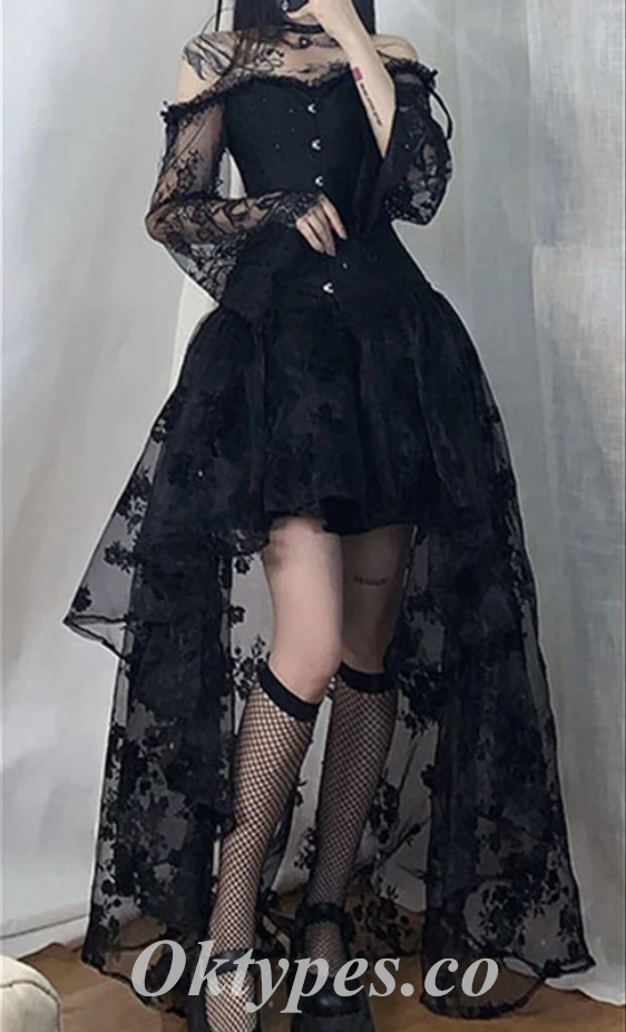 Black Satin And Lace Off Shoulder Long Sleeve High Low A-Line Prom Dresses/Homecoming Dresses,SFPD0574