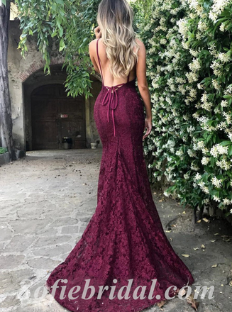 Sexy Lace Spaghetti Straps V-Neck Sleeveless Open Back Mermaid Long Prom Dresses,SFPD0443