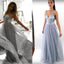 Spaghetti Lace Tulle Long A-line Light Grey Prom Dresses, Backless Prom Dresses ,PD0336