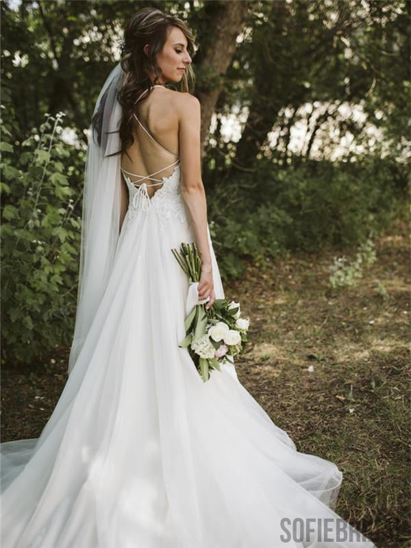 Long A-line Spaghetti V-back Sexy Lace Bridal Gown, Wedding Party Dress, WD0046