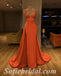 Elegant Orange Satin Spaghetti Straps Sleeveless Side Slit Mermaid Long Prom Dresses With Pleats,SFPD0397