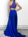 Royal Blue Halter Rhinestone Satin Long Prom Dresses, PD0826