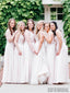A-line V-neck Lace Top Backless Long Chiffon Bridesmaid Dresses, BD1075