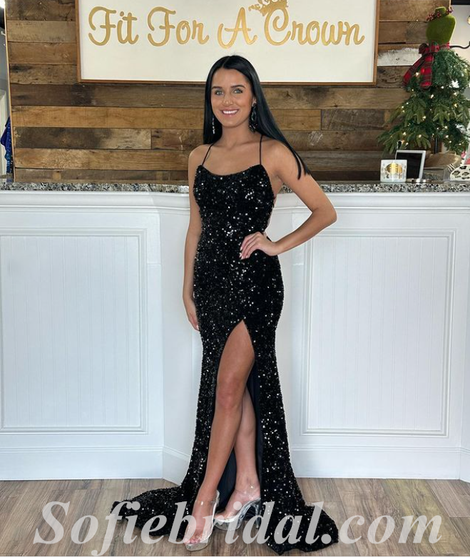 Sexy Black Sequin Spaghetti Straps Sleeveless Mermaid Long Prom Dresses With Tulle Trailing,SFPD0522