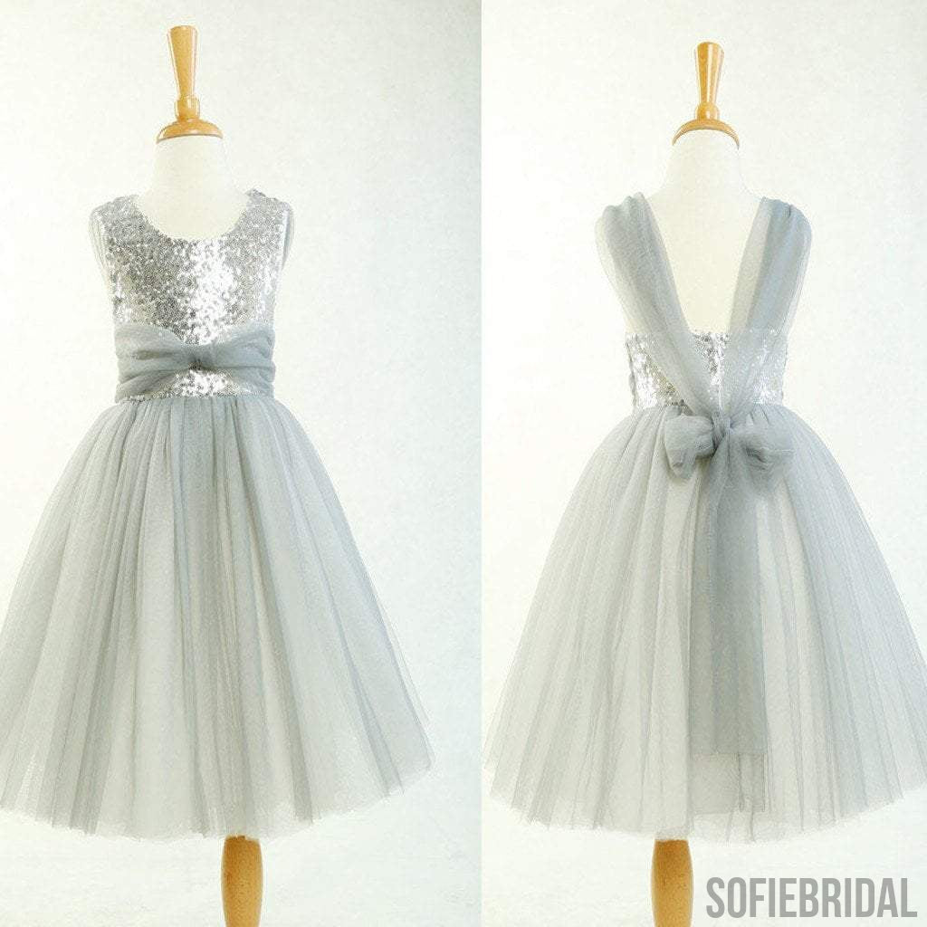 Round Neck Silver Sequin Tulle Pretty Little Girl Dresses For Wedding Party, Flower Girl Dresses, FG003