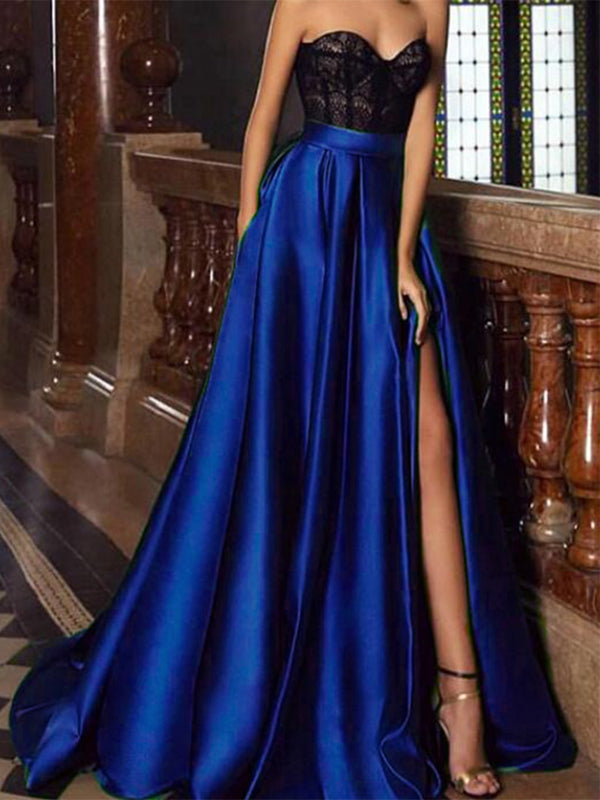 Black Lace Royal Blue Satin Strapless Side Slit A-line Prom Dresses,SFPD0195 Black Lace Royal Blue Satin Strapless Side Slit A-line Prom Dresses,SFPD0195