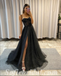 Sexy Black Sequin Tulle Spaghetti Straps Sleeveless Side Slit A-Line Long Prom Dresses With Applique,SFPD0558