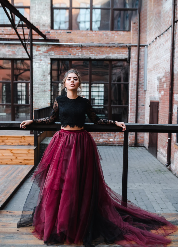 Two Pieces Black Lace Top And Tulle Burgundy Bottom Long Sleeves Open Back Prom Dresses,SFPD0191 Two Pieces Black Lace Top And Tulle Burgundy Bottom Long Sleeves Open Back Prom Dresses,SFPD0191