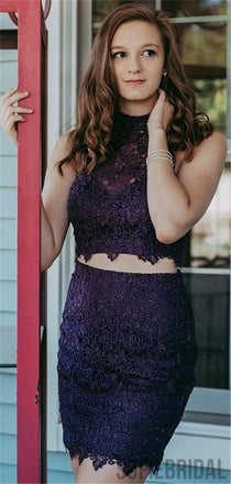 Halter Two-pieces High-neck Sleeveless Full Lace Homecoming Dresses, HD0115