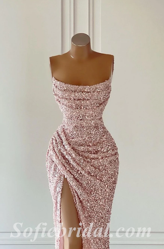 Sexy Shiny Sequin Sweetheart Sleeveless Side Slit Mermaid Long Prom Dresses With Pleats,SFPD0414