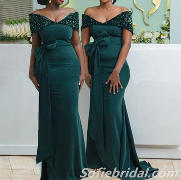 Green Satin Long Sleeves Side Slit Long Bridesmaid Dresses, SFWG00422 –  SofieBridal