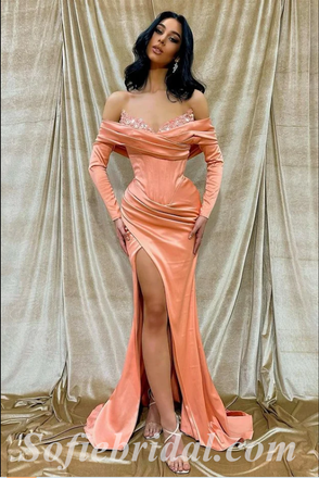 Sexy Satin Off Shoulder Long Sleeve Side Slit Mermaid Long Prom Dresses,SFPD0596