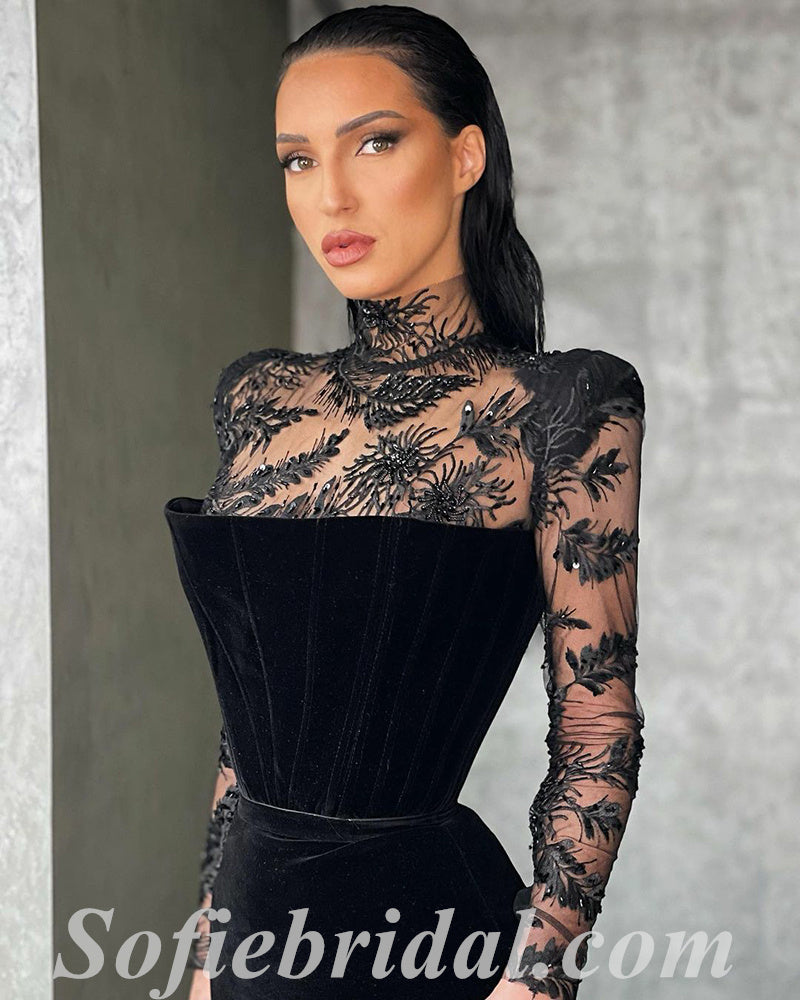 Elegant Black Velvet And Lace High Neck Long Sleeves Side Slit Mermaid Long Prom Dresses,SFPD0556