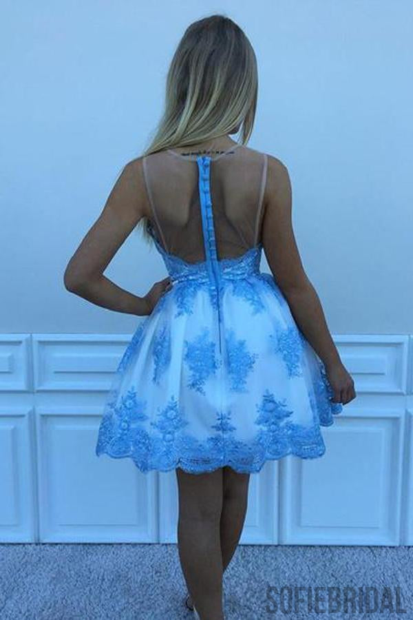 Blue Lace Scoop Neck See Through Cheap Homecoming Dresses 2018, CM414