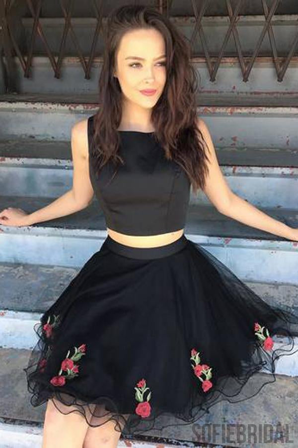 Cute Simple Two Piece Black Lace Cheap Homecoming Dresses 2018, CM416