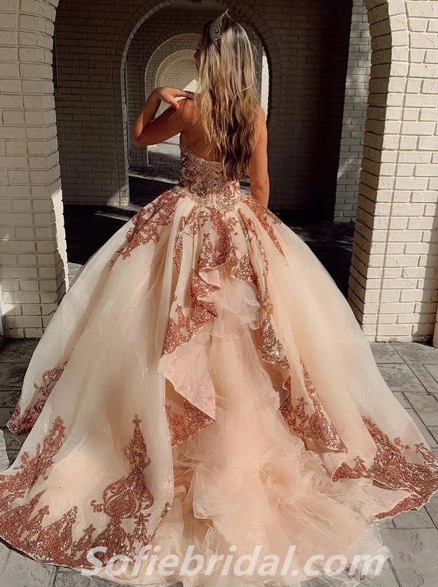Elegant Sweetheart Sleeveless Lace Up Back A-Line Long Prom Dresses,SFPD0328