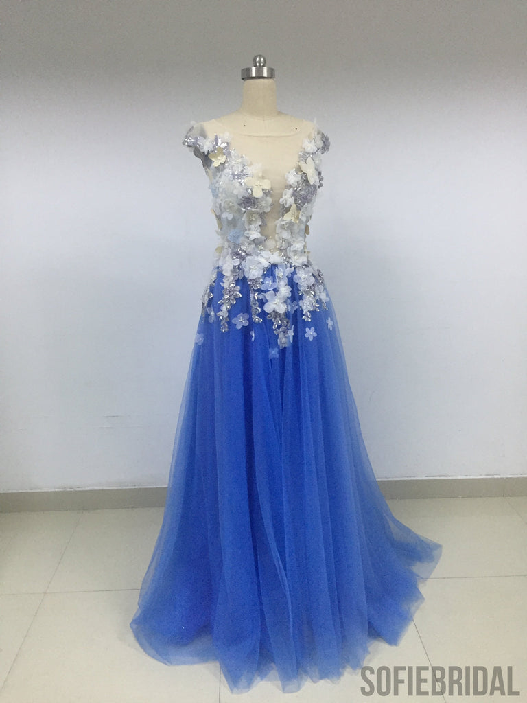 Blue Floral Tulle Prom Dresses_US4, SOD008