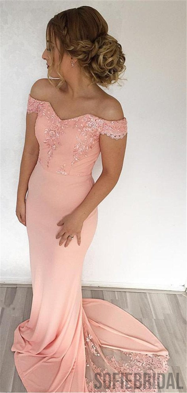 Off-shoulder Mermaid Lace Appliques Prom Dresses With Train, PD0026
