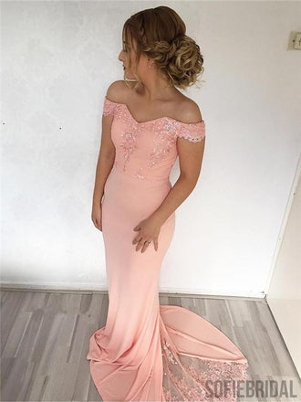 Off-shoulder Mermaid Lace Appliques Prom Dresses With Train, PD0026