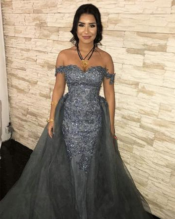 Off Shoulder Long Lace Tulle Prom Dresses, PD0981