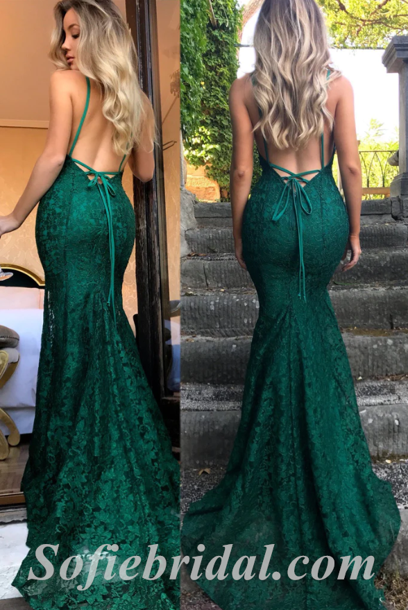 Sexy Lace Spaghetti Straps V-Neck Sleeveless Open Back Mermaid Long Prom Dresses,SFPD0444