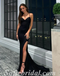 Copy of Sexy Black Satin Spaghetti Straps V-Neck Side Slit A-Line Long Prom Dresses,SFPD0479