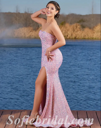 Sexy Pink Sequin Sweeetheart Sleeveless Side Slit Mermiad Long Prom Dresses,SFPD0511