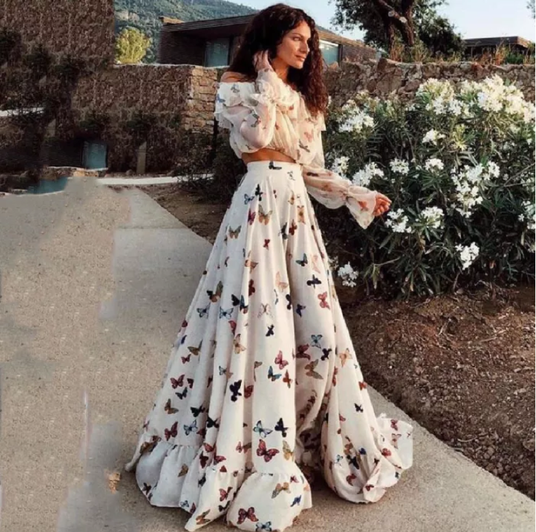 Sexy Two Pieces Off Shoulder Butterflies Floral Printed Maxi Dress
