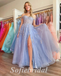 Sexy Tulle And Lace Off Shoulder Sleeveless Side Slit A-Line Long Prom Dresses,SFPD0627