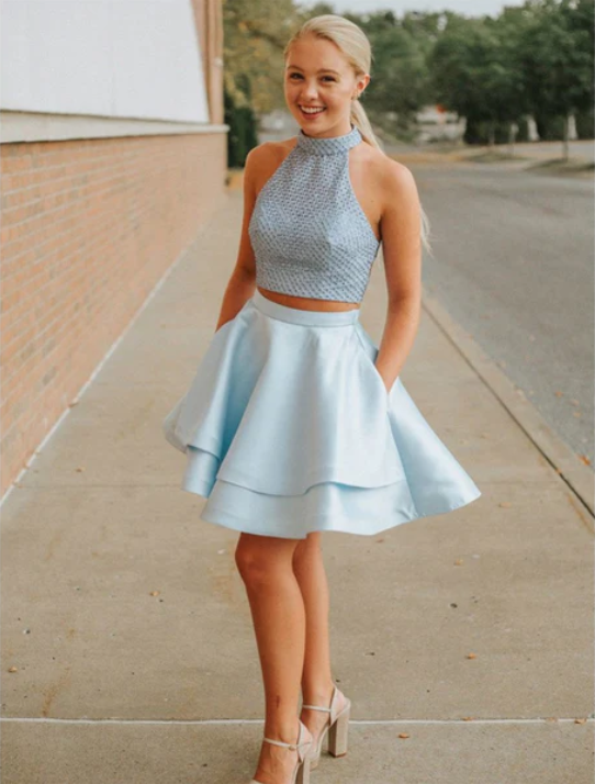 Two Pieces Halter Sleeveless Backless Blue Short Homecoming Dresses,HD0208