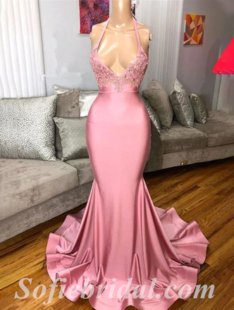 Sexy Blush Satin Halter Sleeveless Mermaid Long Prom Dresses With Applique,SFPD0426