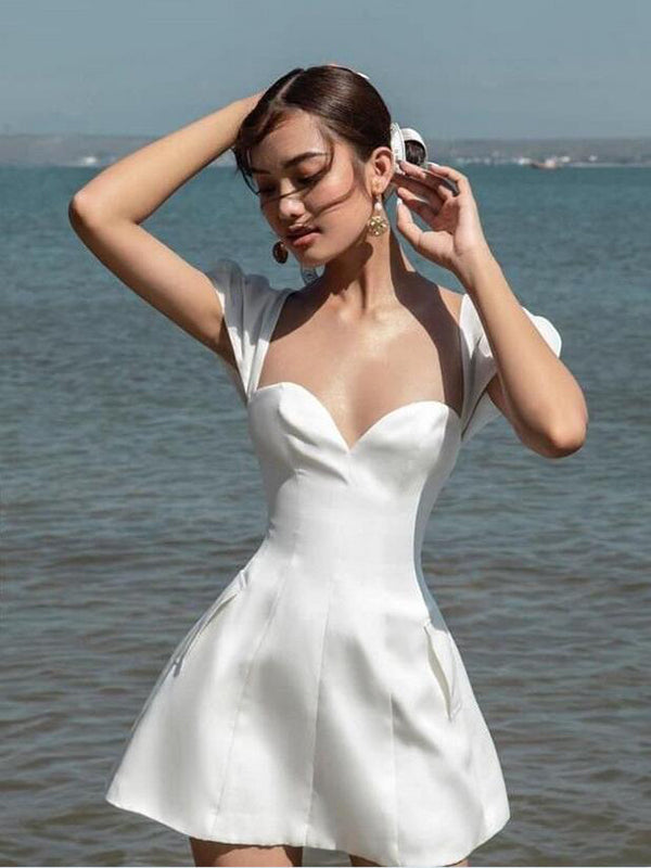 White Satin Sweetheart Off The Shoulder A Line Short Mini Homecoming D SofieBridal White Satin Sweetheart Off The Shoulder A Line Short Mini Homecoming D SofieBridal