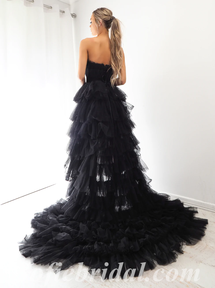 Sexy Black Tulle Sweetheart Sleeveless High Low A-Line Long Prom Dresses,SFPD0588