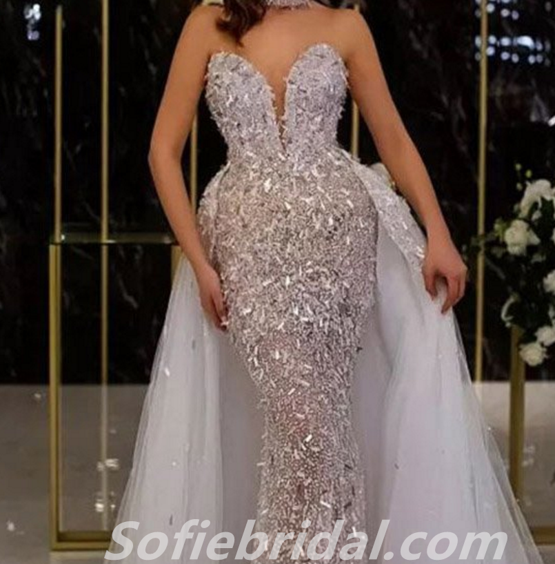 Sexy Sequin Tulle Sweetheart V-Neck Mermaid Long Prom Dresses,SFPD0311