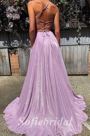 Sexy Special Fabric Spaghetti Straps V-Neck Sleeveless Criss Cross Side slit A-Line Long Prom Dresses,PD0790