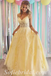 Elegant Yellow Lace And Tulle Spaghetti Straps V-Neck Lace Up Back A-Line Long Prom Dresses,SFPD0473
