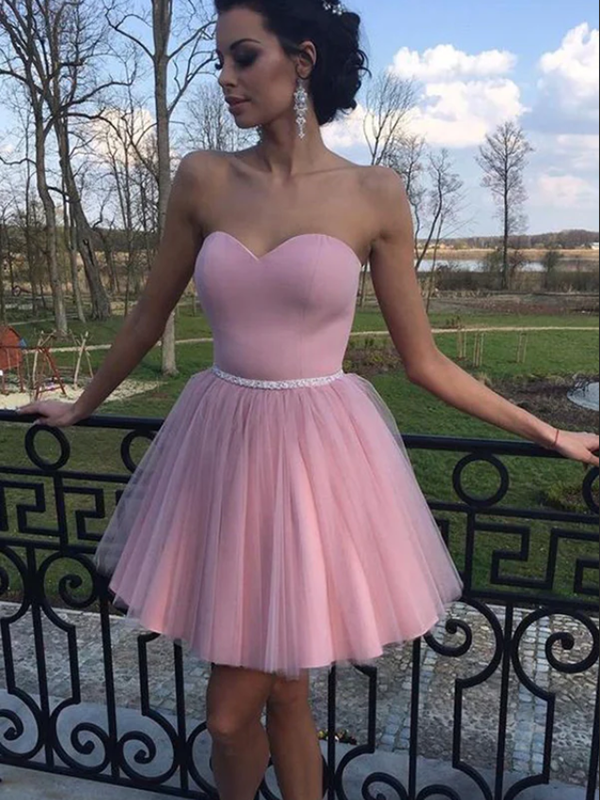 Pink A-Line Sweetheart Sleeveless Pleats Tulle Short Homecoming Dresses With Applique,HD0207