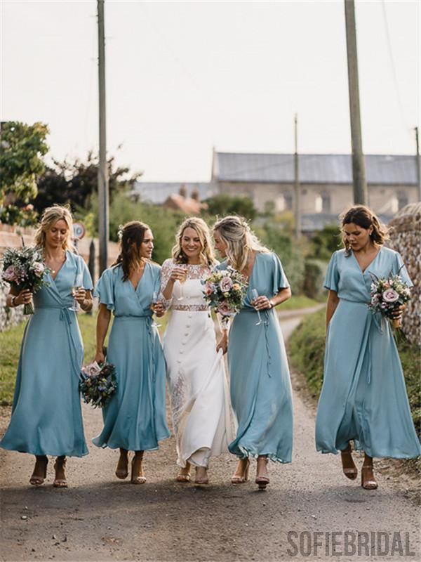 A-line V-neck Short Sleeves Ankle-length Simple Cheap Bridesmaid Dress SofieBridal A-line V-neck Short Sleeves Ankle-length Simple Cheap Bridesmaid Dress SofieBridal