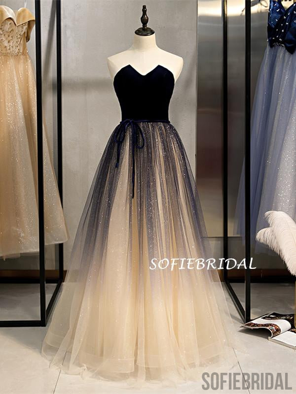 A-line Floor-length Strapless Lace-up Back Long Tulle Prom Dresses, PD1015