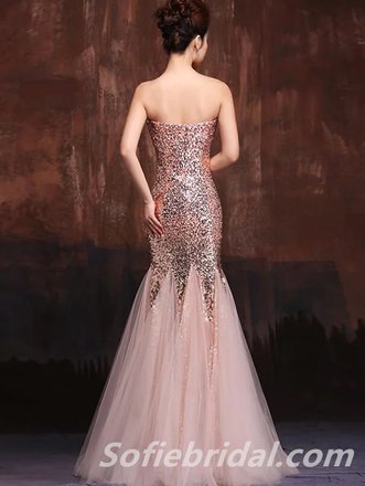 Sexy Shiny Sequin Tulle Sweetheart Sleeveless Mermaid Long Prom Dresses,SFPD0307