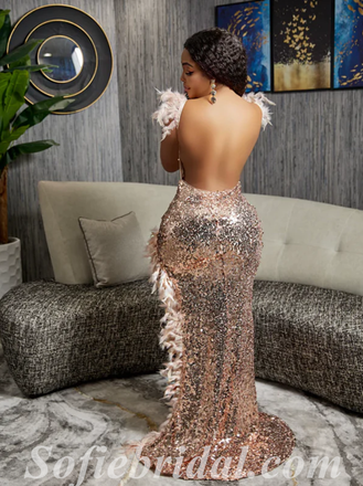 Shiny Sequin Spaghetti Straps V-Neck Sleeveless Side Slit Mermaid Long Prom Dresses With Feather,SFPD0575