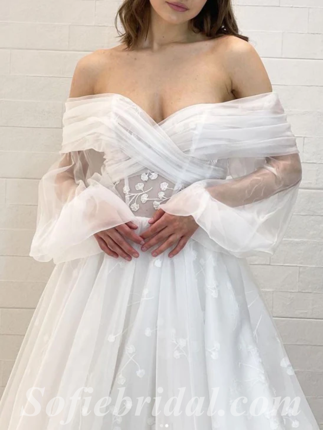 Elegant Off Shoulder Long Sleeves V-Neck A-Line Long Wedding Dresses,SFWD0074