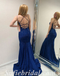 Sexy Royal Blue Sequin Satin Spaghetti Straps V-Neck Lace Up Back Mermaid Long Prom Dresses,SFPD0474