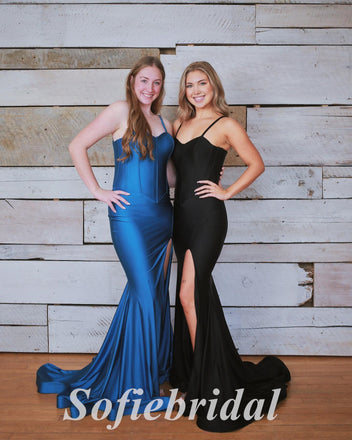 Sexy Mismatched Satin Spaghetti Straps V-Neck Sleeveless Side Slit Mermaid Long Prom Dresses, PD0873