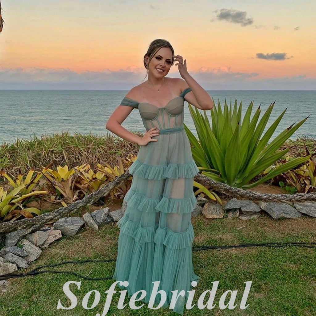 Sexy Tulle Off Shoulder Sleeveless A-Line Long Prom Dresses, PD0875