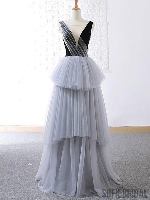 V-neck Black Top Grey Tulle Prom Long Dresses, PD0822