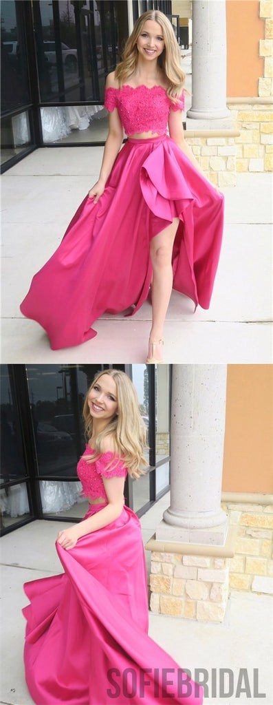 2 Pieces Lace Satin Prom Dresses, Beaded Prom Dresses, Off Shoulder Prom Dresses, Prom Dresses, PD0629