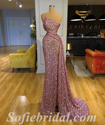 Sexy Shiny Sequin Sweetheart Sleeveless Side Slit Mermaid Long Prom Dresses,SFPD0396