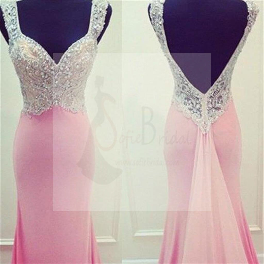 Pink Mermaid Open Back Prom Dresses,Evening Prom Dresses,Custom Prom Dresses