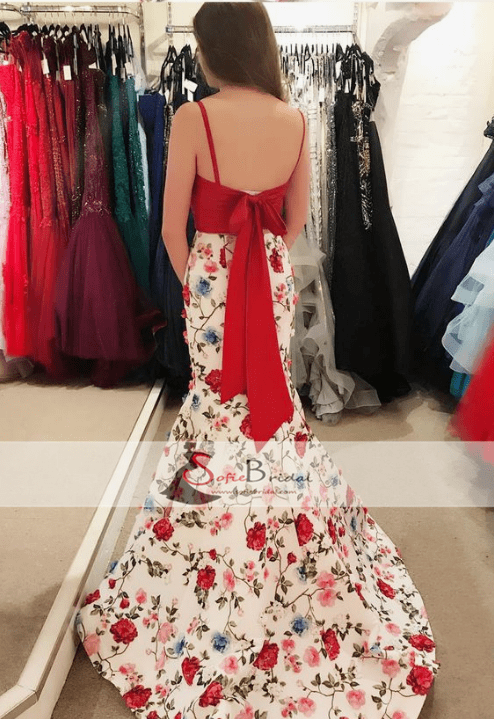 2 pieces Spaghetti Red Top Floral Mermaid Skirt Prom Dresses, Popular Prom Dresses, PD0386